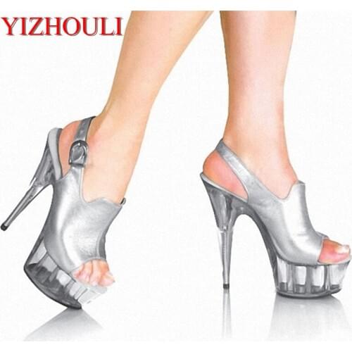 Fashion 6 inch fashion brand platform high heels 15cm sexy buckle peep toe sandals silver women Crystal shoes