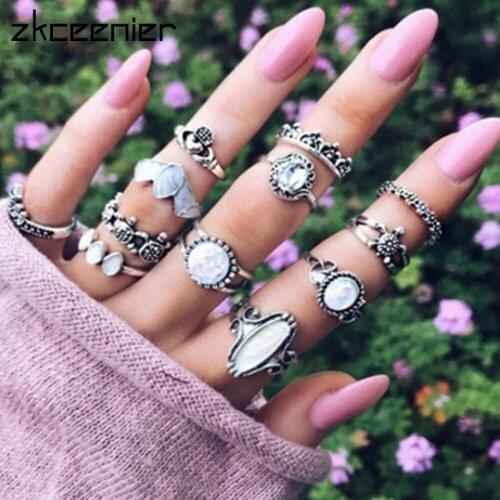 Vintage Bohemia Tibetan Stone Opal Rings Set for Woman Fashion Bijoux Silver Color Flower Tortoise Ring Retro Jewelry