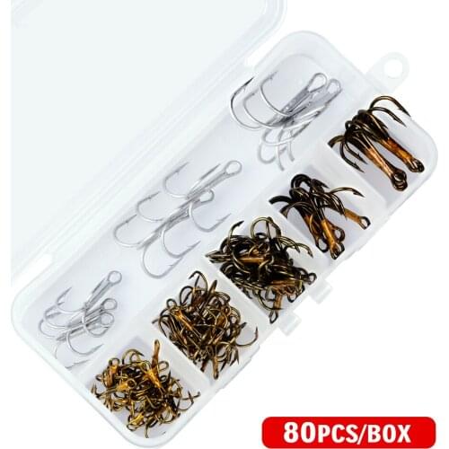New 80Pcs/Box fishing tackle Mixed Size 1/0-2/0-3-0-2/4/6/8/10 Fishing Hook High Qulity Brown Color Jig Big Hook Treble Hooks
