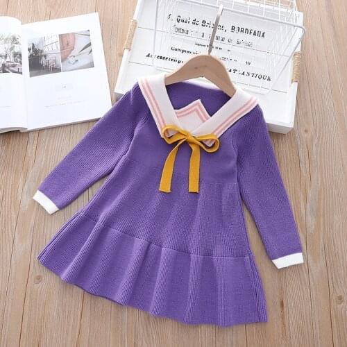 Toddler Girls Clothes Autumn Winter Long Sleeve Warm Knitted Sweater Dress Sailor Collar Student Uniform Dress Kids Vestido 1-6Y