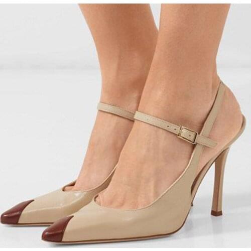 Nude Cap Pointy Toe Stilettos Slingbacks Pumps Woman High Thin Heels Large Size 33 36 38 Buckle Strap Ladies Dress Shoes Mature