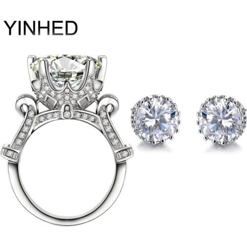 Luxury Real 925 Sterling Silver Dubai Bridal Jewelry Sets AAA+ Big CZ Diamant Wedding Ring and Stud Earrings Set for Women ZS040