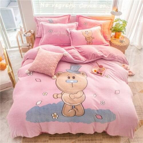 Pink/smallMr Bear simple cartoon style winter coral velvet delicate warm velvet home textile four-piece quilt cover
