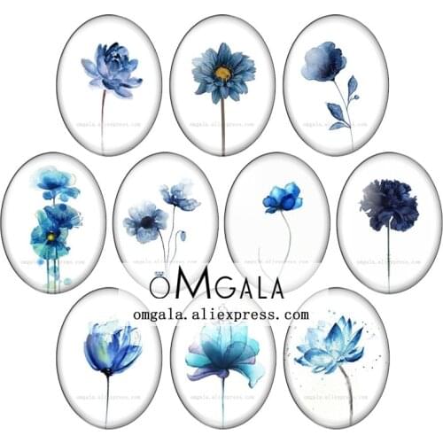 Blue color watercolor flowers patterns 10pcs 13x18mm/18x25mm/30x40mm Oval photo glass cabochon demo flat back Making findings