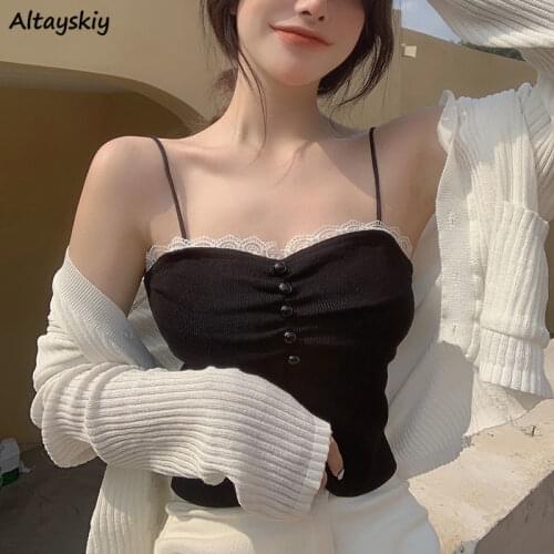 Camisole Women Solid Sexy Ladies Crop Top Sleeveless Elegant Buttons Summer Breathable Thin Black White Girls Sweet Fashionable