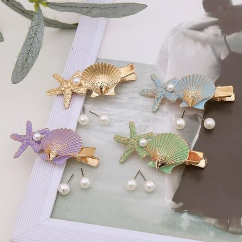 Barrettes Korean Version of Metal Pearl Sweet Hairpin For Women and Girl Shell Geometric Hair Accessories Hair-Clip Jewelry Set