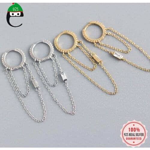 ElfoPlataSi Minimalist Genuine 925 Sterling Silver Double Layer Link Chain CZ Hoop Earrings For Women Wedding Jewelry DA834