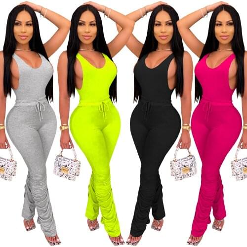 Stacked Pants Women 2 Pieces Set Sexy Backless Tank Top + Pleated Lace-Up Long Leggings Stacked Joggers Set Summer Outfits