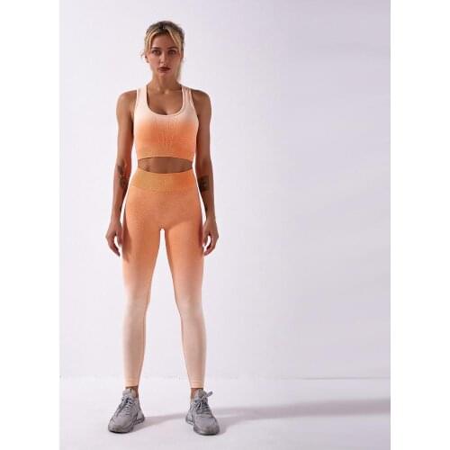 2PCS Yoga Set Women Sportswear Seamless High Waist Tummy Control Leggings+Sports Crop Top Ombre Jogging Gym Fitness Sport Suit