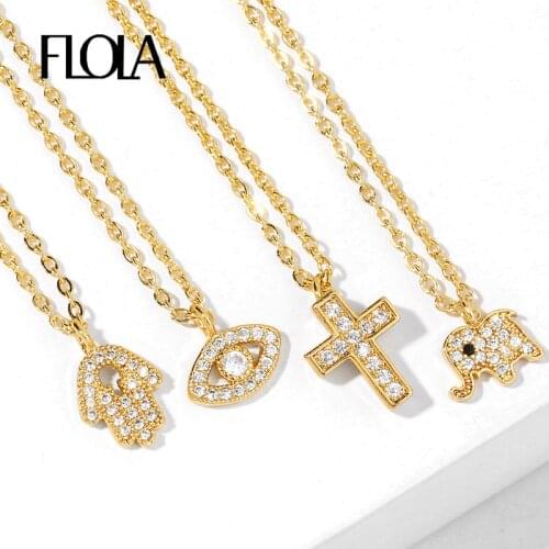 FLOLA Crystal Fatima Hand Cross Necklaces For Women Small Elephant Evil Eye Necklace CZ Gold Filled Jewelry olho grego nkeq77