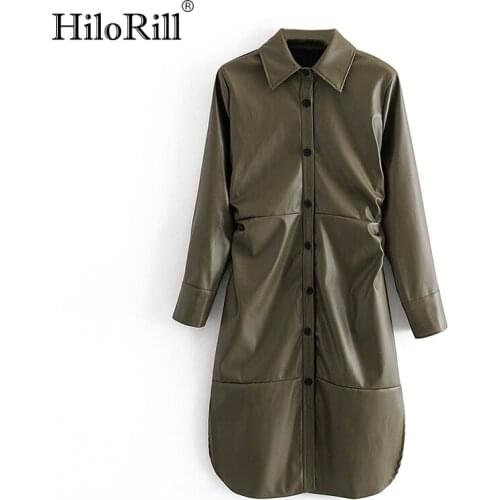HiloRill Women Army Green PU Shirt Dress Women Long Sleeve Faux Leather Dress Turn Down Collar Office Split Pleated Dresses