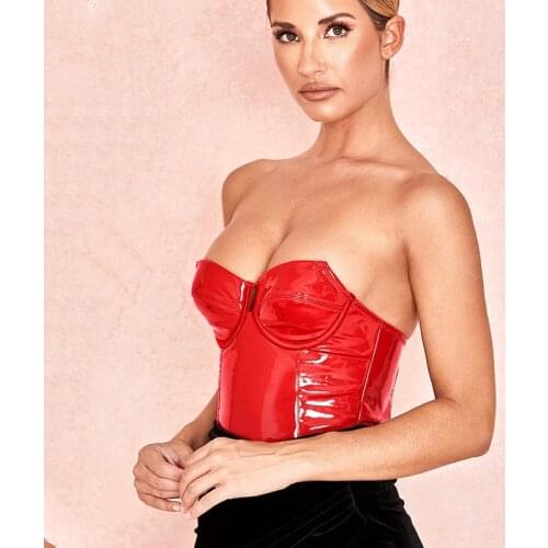 Women Sexy PU Leather Strapless Deep V neck Sleeveless Bodysuit Ladies Stretch Bodysuit Tops Catsuit Skinny Bodysuit Clubwear