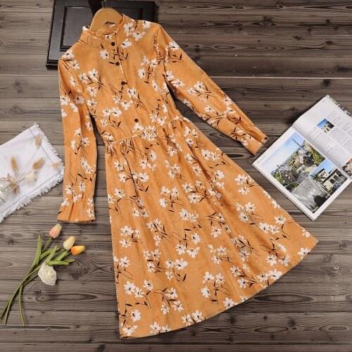 2020 autumn and winter forest womens new retro long-sleeved corduroy floral dress mid-length lapel A-line skirt dress red
