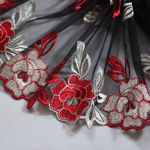 2 Yards 12CM Wide Red Flowers Double Sides Embroidered Lace Trim Black Mesh Lingerie Underwear Bra Dolls Dress Sewing Fabric