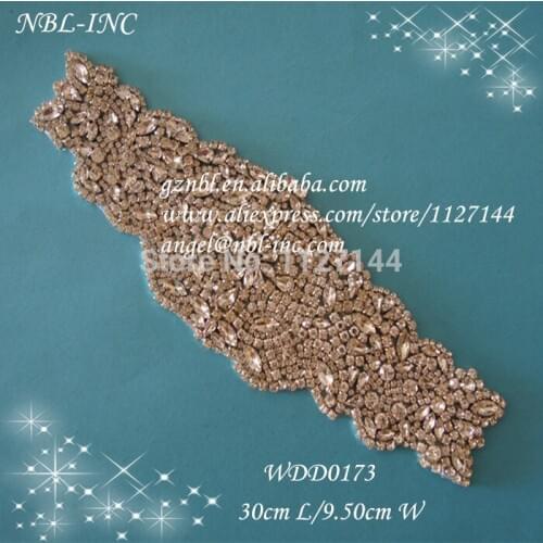 30pcs)wholesale bridal sash beaded silver crystal rhinestone appliques for wedding dresses garment sash iron on WDD0173
