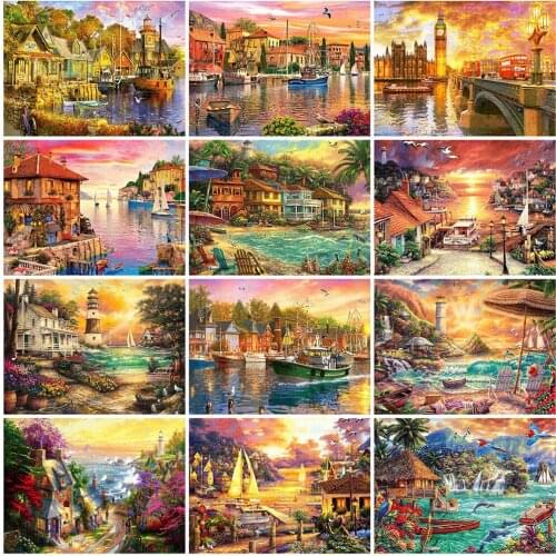 Diamond Painting Sunset Cross Stitch Diamond Embroidery Seaside Landscape Mosaic Town Rhinestone Picture Home Decor