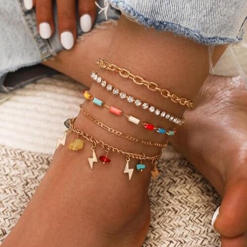 5pcs/sets Colorful Crystal Stone Tassel Anklets Bracelets for Women Lightning Bead Foot Chain Bohemian Jewelry Accessories 2020