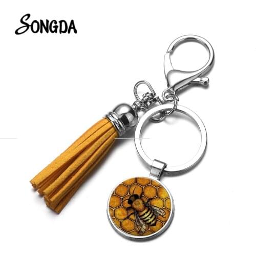 Honeycomb Beehive Yellow Tassel Keychain Honey Bee Queen Photo Punk Glass Round Pendant Key Ring Beekeeper Gift Souvenir