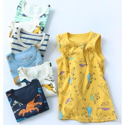 Boy Girl Sleeveless T-shirt Cartoon Dinosaur Mermaid Cotton 3Pcs Vest Set Summer Children Kids Clothing