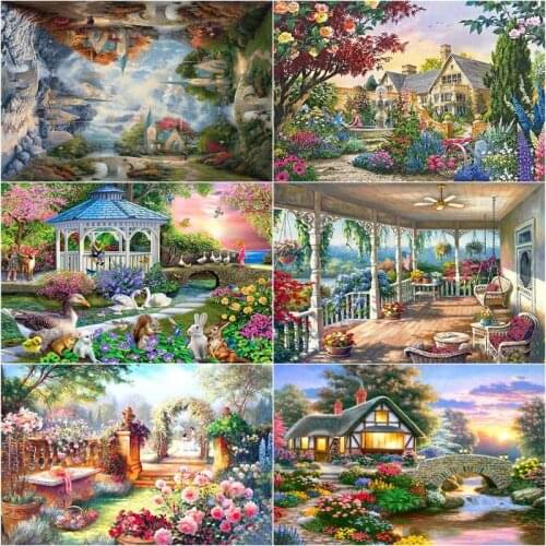 GATYZTORY Frame Painting By Numbers Canvas Garden House Colouring Landscape Handpainted Artwork Home Wall Decor