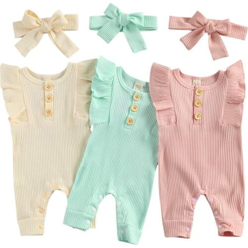 Newborn Baby Girls 2-piece Outfit Set Fly Sleeve Solid Color Romper+Headband Set for Kids Girls