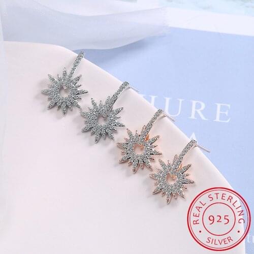 LEKANI Bright Radiant Sun Stud Earrings for Women Clear CZ 925 Sterling Silver Ear Stud Wedding Engagement Jewelry BSE256