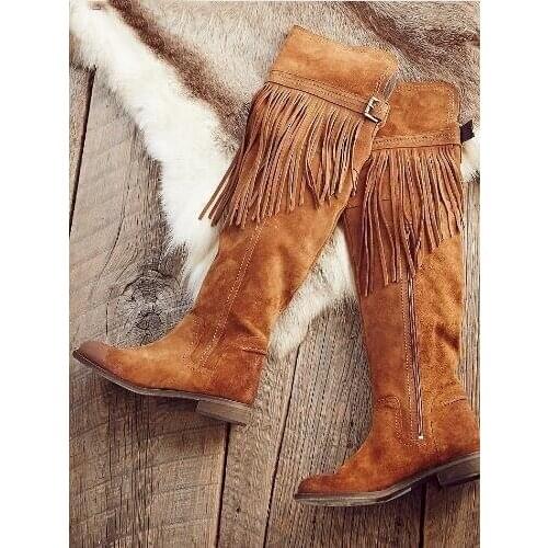 Hot selling grey suede long Tassel flat boots over the knee long boots women dressing concise fit shoes runway show boots