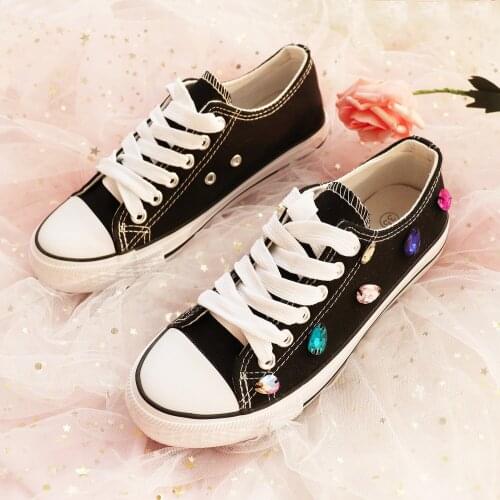 Sweet college style ladies low-cut canvas shoes spring and autumn fashion rhinestone lace-up platform casual shoes comfortable