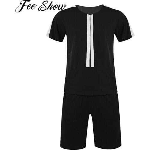 Men Casual Workout Running Sets Sports Tracksuits Sportswear Striped T-shirt with Drawstring Shorts Summer Football Gym Outfits
