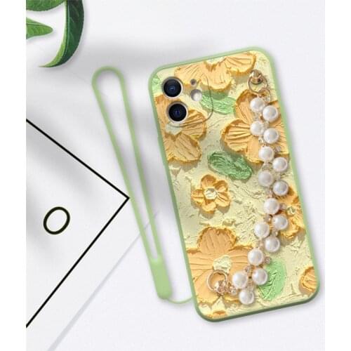 For iPhone 12 Pro Max Mini 11 XS XR X SE 2020 7 8 Plus 6 6s Case Liquid Silicon Pearl Band Holder Soft Matte Oil Painting Cover