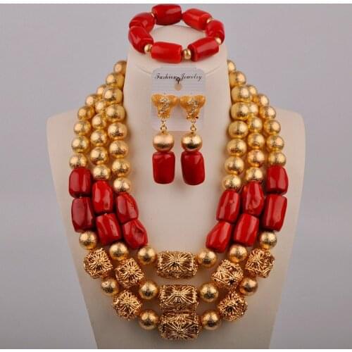 Nigerian Wedding Red Coral African Jewelry Set New Designs 3 Layers Real Coral Beads Jewellery Set 2021