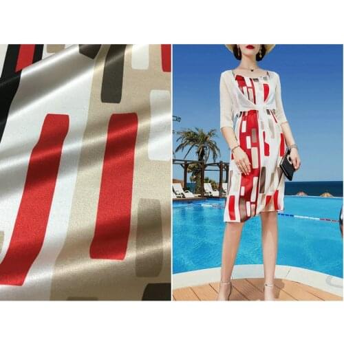 New heavy natural silk fabric 19 mm contrast color geometric block printing elastic silk satin fashion fabric for summer
