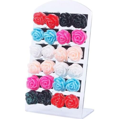 New Fashion Charm Gifts Cute Small Fresh Plastic Colorful Resin Rose Flower Rose Mixed Color 12 Pairs of Stud Earrings Set