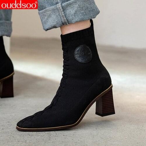 ODS 2021 Fashion Style Stretch Boots Women Black Pointed Toe Squre Heel Ankle Boots Shoes Woman Sizes32-37 Black Or Brown