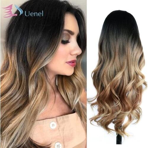 Uenel Wigs Ombre Wig Black To Light Brown Side Part Long Wavy Wig Heat Resistant Synthetic Daily Party Wig For Women