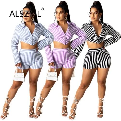Striped Print Full Sleeve Crop Top And Shorts Set Two 2 Piece Sets Active Tracksuit Sporty Summer Outfits