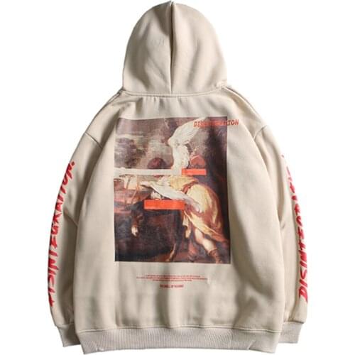 Retro Angel Horse Graphic Hooded Pullover Sweatshirt Streetwear Men Cotton Beige Hoodie Hip Hop Kangaroo Pocket 2020 Spring New