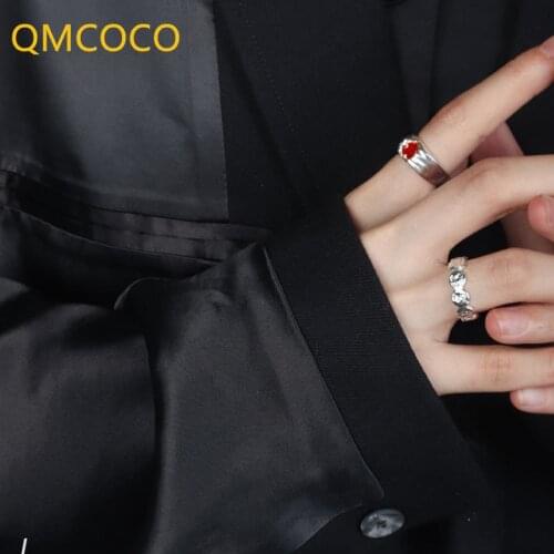 QMCOCO 2021 Korean Version 925 Silver Sweet Red Heart-Shape Ring For Woman Retro Fashion Creative Opening Adjustable Wide Ring