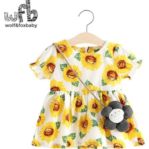 Retail 0-3 years short-sleeved girl dress kids summer prints sunflower