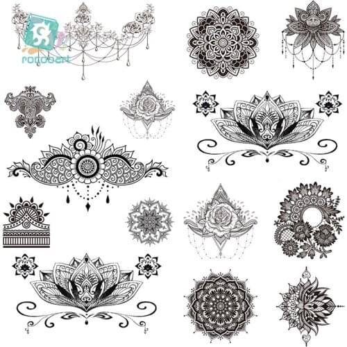 Sexy Black Mandala Flower Henna Temporary Tattoos Stickers Women Girls Body Large Boho Tattoo Arm Fake Tatoo Art Wedding Sticker