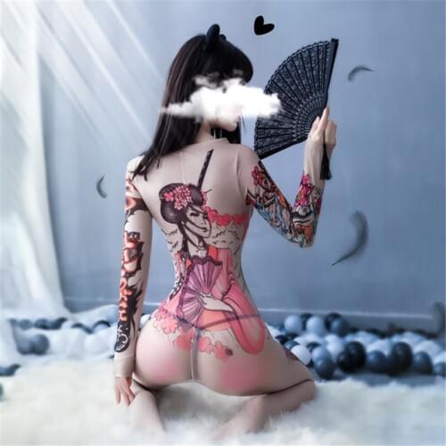 Sexy stockings sexy tattoo long-sleeved open file one-piece underwear sexy bodysuit