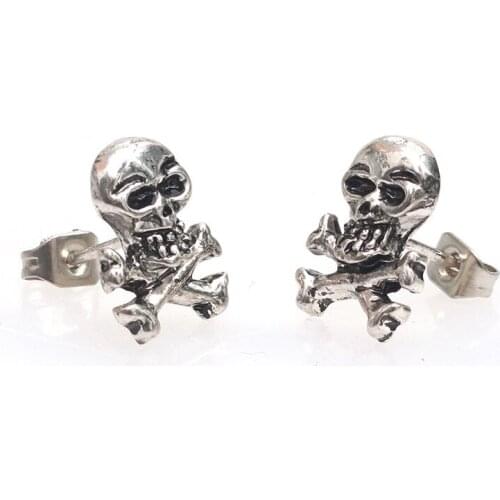 Retro Punk Style Skull Bone Cross Earrings Hip Hop Black Silver Color Skeleton Stud Earrings Men Women Party Accessories