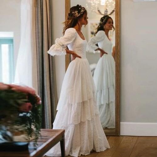 Rustic Boho Wedding Dresses Vintage Bohemian Lace Bride Gowns Lantern Sleeves country Tiered Princess Wedding Gowns