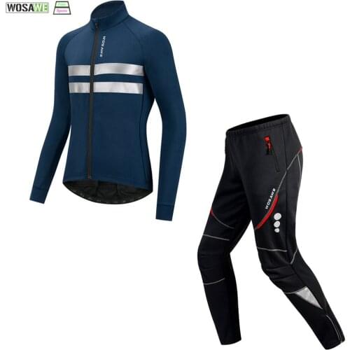 WOSAWE Pro Team Cycling Jackets Winter Thermal Fleece Moutain Bike Tights Bicycle Trousers Blue Black Set Mens Long Pants