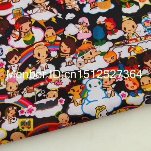 PVC coated waterproof fabric - Boy, girl, snoman, flower,rainbow (Black) (WF059)