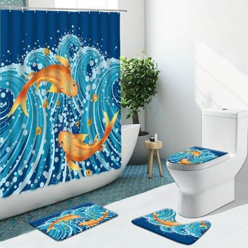 Sea Wave Carp Chinese Style Bird Bathroom Set Shower Curtain Non-Slip Rugs Flannel Carpet Cover With Hooks Bath Mat Washable
