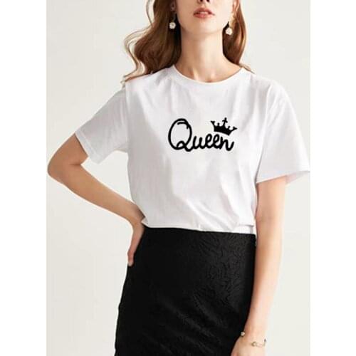 Queen Printed Tee Shirt Femme O-neck Short Sleeve Cotton Tshirt Women Black White Summer Loose T Shirts for Women Tops