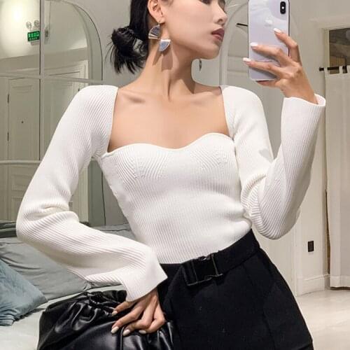 2021 Autumn New Winter Women Clothes Cashmere Sqaure Collar Full Sleeves T-shirt Elastic High Waist Sexy Pullover Purple X900