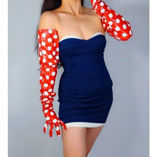 Big Dots Long Gloves 90cm Large Sleeve Wide Patent Leather Red Faux Leather White Dots Women Gloves WPU294