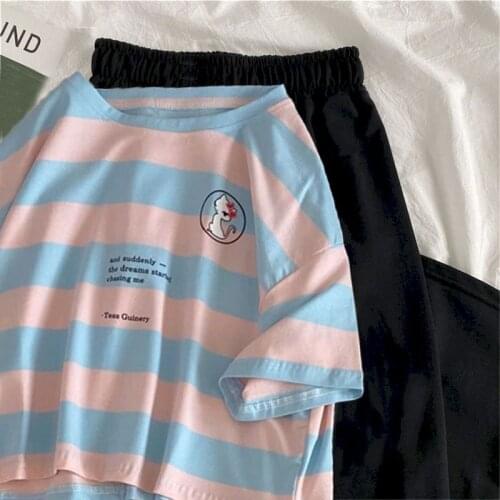 Womens Suits 2021 New Summer Korean Loose Striped Short Sleeve T-shirt Womens Wide-leg Pants Casual Fashion Sets Two-piece Suit